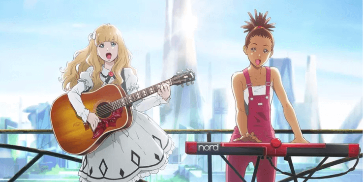weak-caribou574: A girl in anime style looking at musicians playing jazz on  a stage.